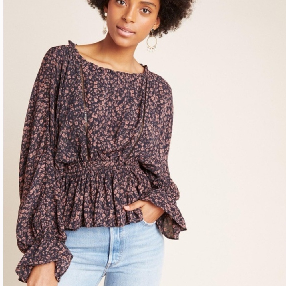 Anthropologie Nichola Peplum Blouse Black Pink Dark Floral Whimsy Boho Fairy
